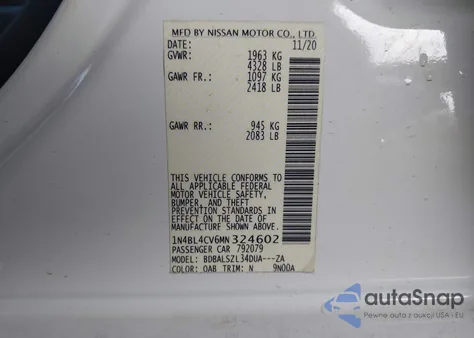 2021 Nissan Altima Sr Fwd from USA, damaged, VIN 1N4BL4CV6MN324602